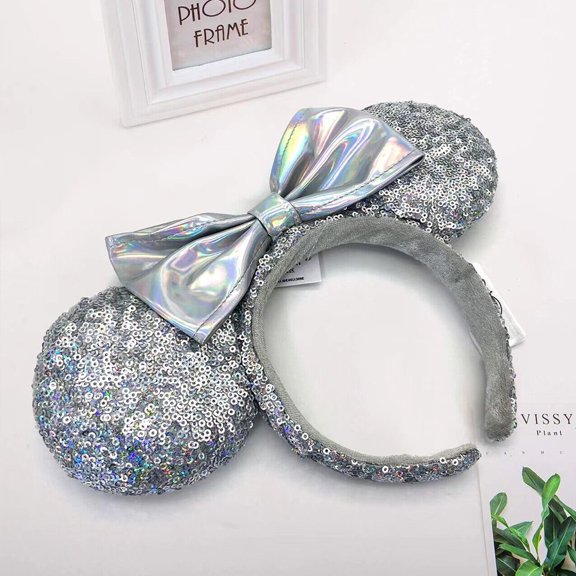 Fashion Cinderella Magic Mirror Limited Headband Silver Sequins Bow Minnie Ears Hair Bands New
