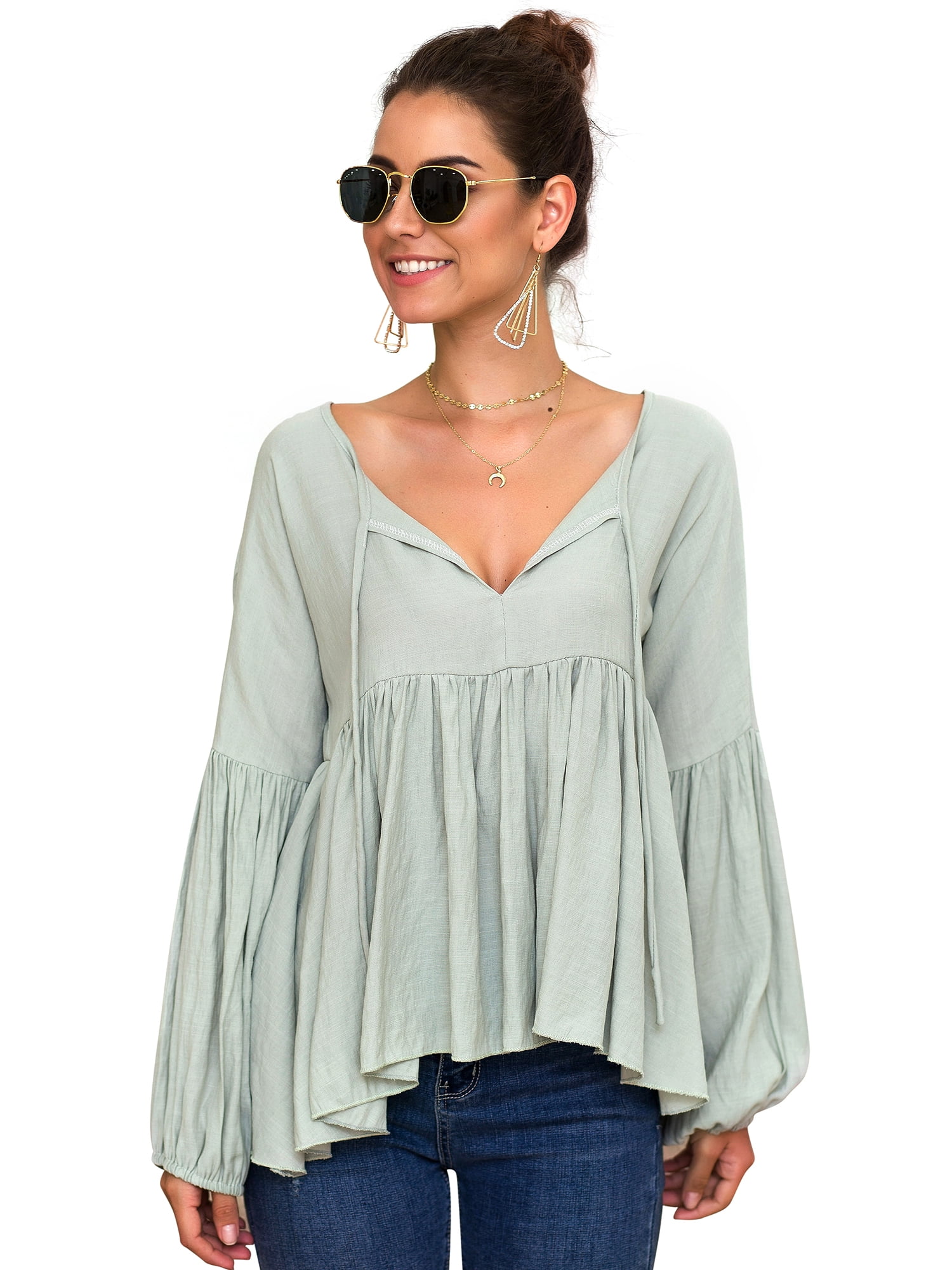 Fashion Classic Frill Long Sleeve Thin Loose Tops Blouse Shirt Ladies Ruffle Long Bell Sleeve Asymmertrical Sexy V Neck Casual Tops