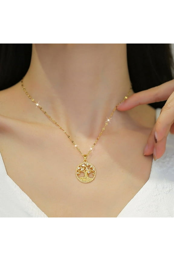 Fashion Classic Hollow White Tree of Life 14K Yellow Gold Pendant Necklace for Women Charming Plant Jewelry Gift