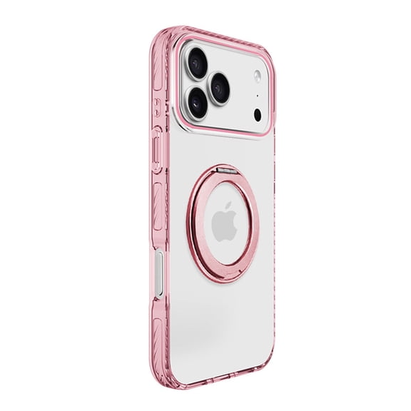 Fashion Clear Case Compatible with iPhone 17 Pro Max, 360° Rotating Magnetic Ring Stand Transparent Back Cover with Plated Frame, TPU + PC Slim Lightweight Protective Phone Case, Pink