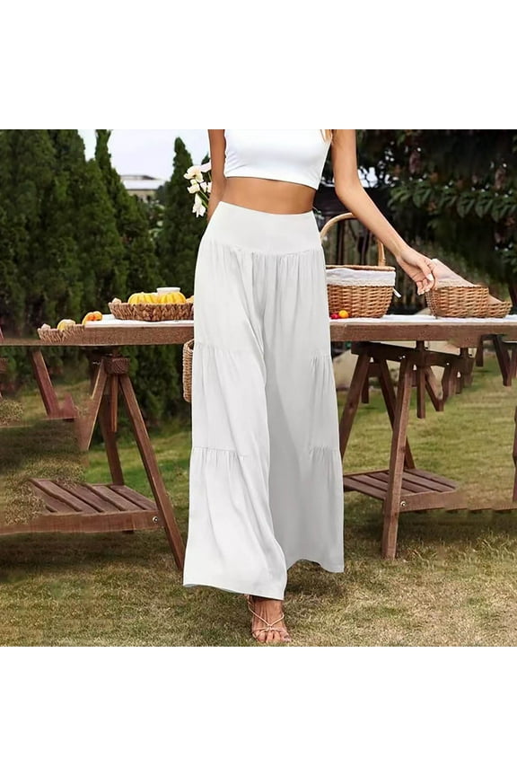Fashion!Tejiojio Women Clothes Wholesale Women's Petite High Waist Elastic Waist Solid Color Ruffle Wide Leg Long Pants