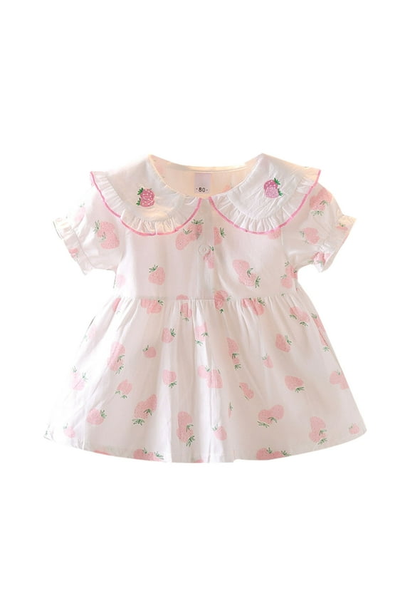 Fashion Clothes for Toddler Baby Girls Skirt Summer New Cute Strawberry Print Lapel Short Sleeve Dress