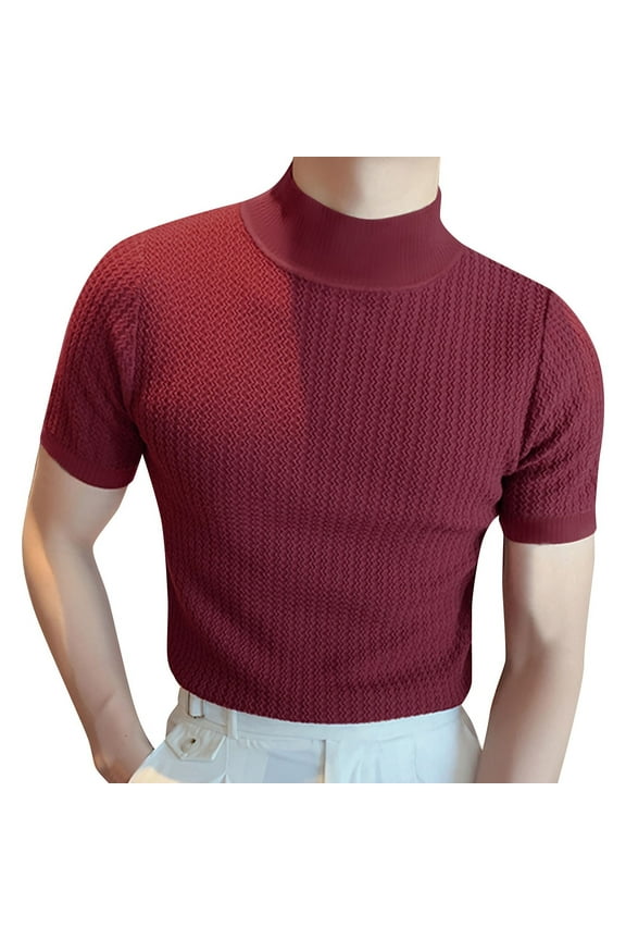 Fashion Clothing Male Spring And Summer Knitted High Neck Short Sleeve Solid Color Pleated Round Neck Casual T Shirt Top 100 Polyester Shirts Men Long Sleeve Work Shirts for Men Loose Tunic Casu Red S