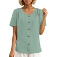 thumbnail image 1 of Fashion Clothing T Neck Tops for Women Women Solid Shirt Cute Summer Tops Athletic T Shirt Women And Shirts Women Women's Loose Round Neck Short Sleeve Jacquard T Shirt With Buttons Green L, 1 of 5