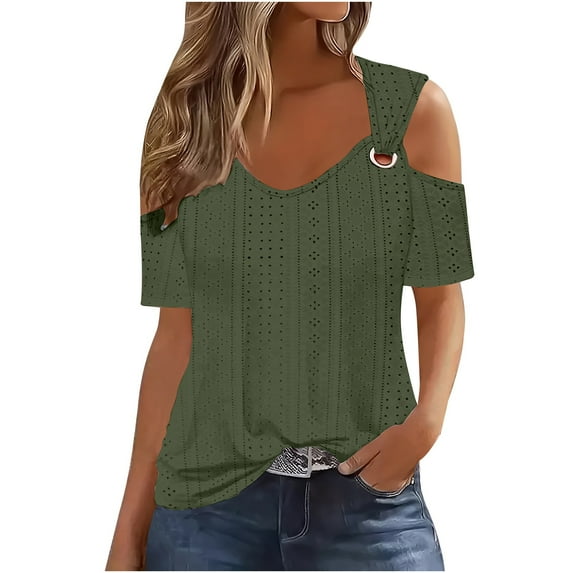 Fashion Clothing Women Casual Short Sleeve Solid Color Shirts Tops Summer Neck Flower Lace Blouse Top Womens Short Sleeve Button down Tops Juniors Nice Tops 3x Tops for Women plus Size Fl Army Green M