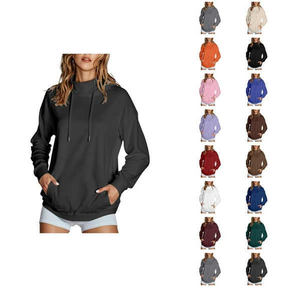 Fashion Clothing Women's Solid Color Sweatshirt 2025 Women's Solid Color High Collar Hoodie With Side Pockets Non Velvet