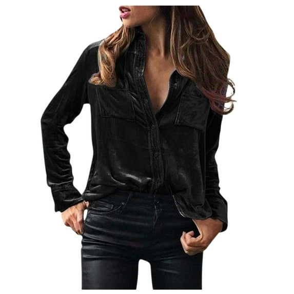 Fashion Clothing Women's Winter Fashion Velvet Long Sleeve Button Pocket Casual Shirt Top Sleep T Shirt Woman Cool Women T Shirts Fitted Sports Shirts for Women Junior Tee Three Quarter Sleeve Black L