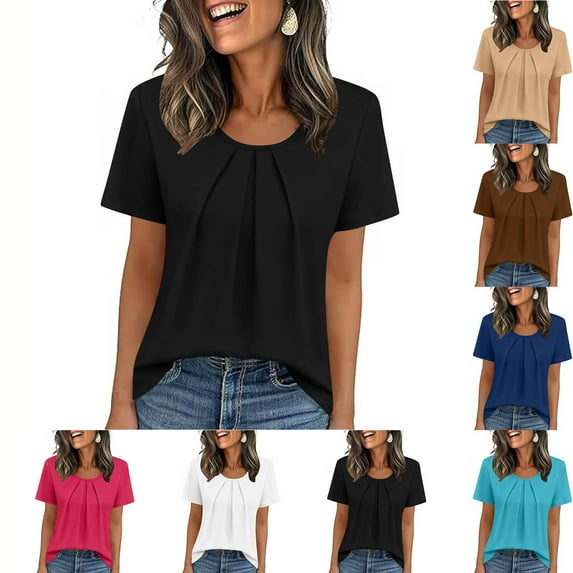 Fashion Clothing for Women Fashion Casual Front Solid Color Round Neck Short Sleeve T-Shirts Top