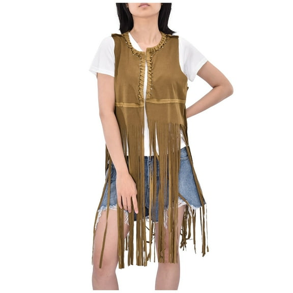 Fashion Coat Cardigan Tassel V-neck Tops Western Vest Fold Stitching Style Cowboy Sleeveless Women Women's Coat Long Womens Winter Coat Womens Heated Vest with Battery Pack Soft Pile Vest Women's Vest