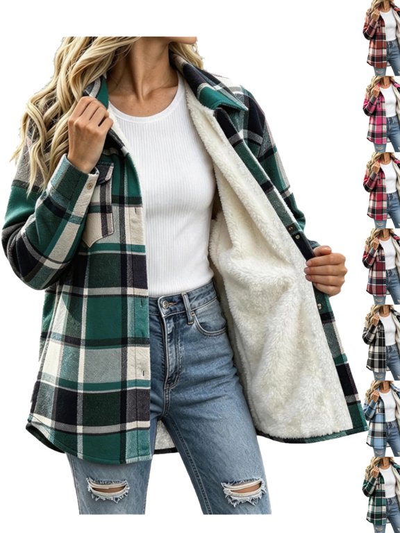 Fashion Coats for Women Oversize Fall and Winter Casual Plaid Fleece Jacket With Composite Fleece Inside Button And Chest Pocket