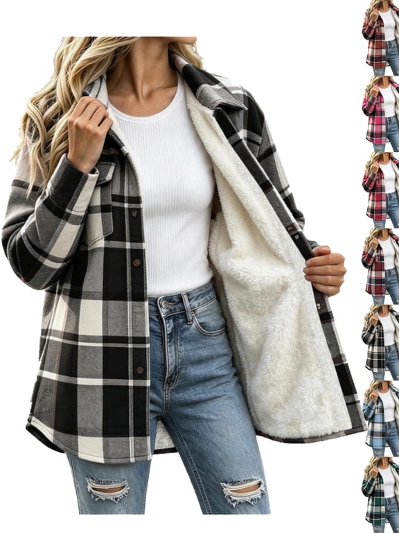 Fashion Coats for Women Oversize Fall and Winter Casual Plaid Fleece Jacket With Composite Fleece Inside Button And Chest Pocket