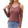 thumbnail image 1 of Fashion Cold Shoulder Knitwear Tops for Women V Neck Loose Fit Long Sleeve Ribbed Textured Slouchy Sweaters Tees, 1 of 8