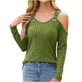thumbnail image 1 of Fashion Cold Shoulder Knitwear Tops for Women V Neck Loose Fit Long Sleeve Ribbed Textured Slouchy Sweaters Tees, 1 of 8