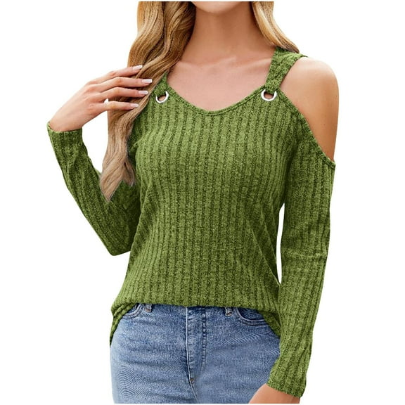 Fashion Cold Shoulder Knitwear Tops for Women V Neck Loose Fit Long Sleeve Ribbed Textured Slouchy Sweaters Tees