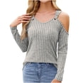 thumbnail image 1 of Fashion Cold Shoulder Knitwear Tops for Women V Neck Loose Fit Long Sleeve Ribbed Textured Slouchy Sweaters Tees, 1 of 8