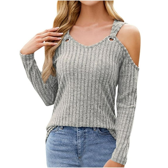 Fashion Cold Shoulder Knitwear Tops for Women V Neck Loose Fit Long Sleeve Ribbed Textured Slouchy Sweaters Tees