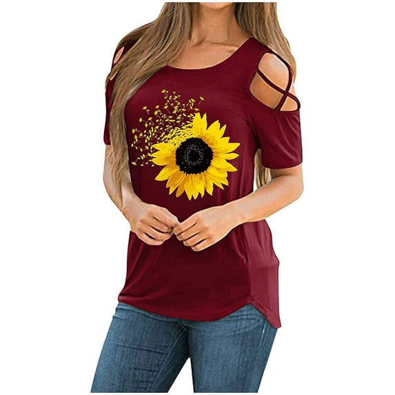 Fashion Cold Shoulder T-shirt for Ladies Sunflower Graphic Tee Tops Crewneck Short Sleeve Shirts Casual Blouse Top