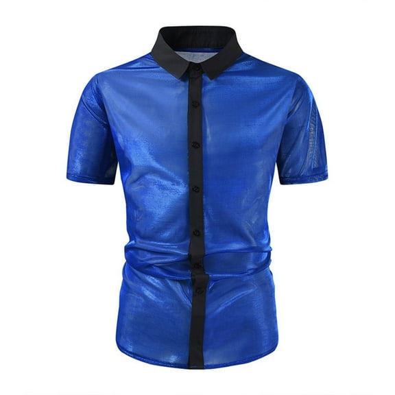 Fashion Color Block Funny Shirts for Men Lapel Collar Short Sleeves Party Shirt Shiny Night Club Outfits for Resort