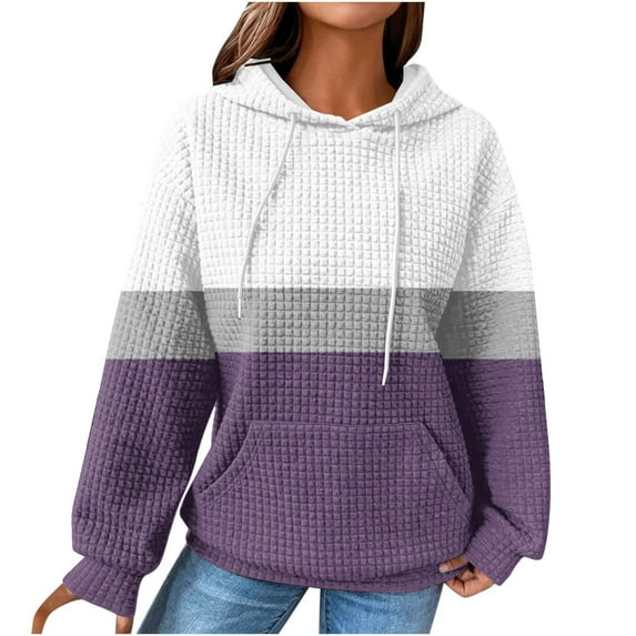Fashion Color Block Pullover Hoodie Women, Loose Fit Long Sleeve Sweatshirt with Hood and Pocket, Ideal for Everyday Autumn Winter Wear Dark Purple