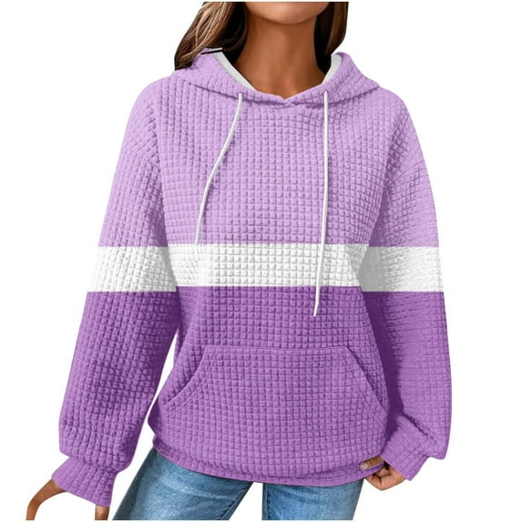 Fashion Color Block Pullover Hoodie Women, Loose Fit Long Sleeve Sweatshirt with Hood and Pocket, Ideal for Everyday Autumn Winter Wear Purple