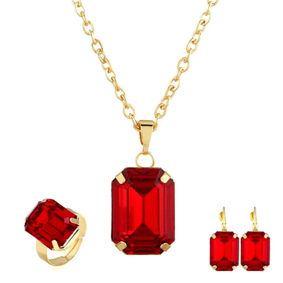 Fashion Color Crystal Jewelry Set Geometry Rectangle Pendant Rhinestone Necklace Rings and Drop Earrings for Women Ladies Gifts Gold Plated