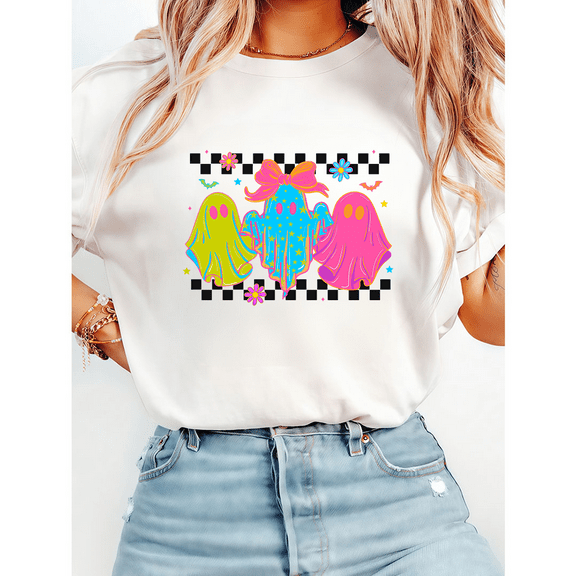 Fashion Colorful Ghost Print T-shirts Bright Vintage Spooky Graphic Tees Short Sleeve Casual Halloween Tops Cotton Shirts for Daily Outfits White,M