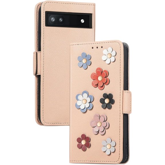 Fashion Comfortable Flower Leather Flip Phone case with Wallet Card Holder Stand for Google Pixel 7 6 5 4 A Pro XL 4G 5G Cover Glamorous Full wrap-Around Bumper(Gold,Pixel 6 Pro)