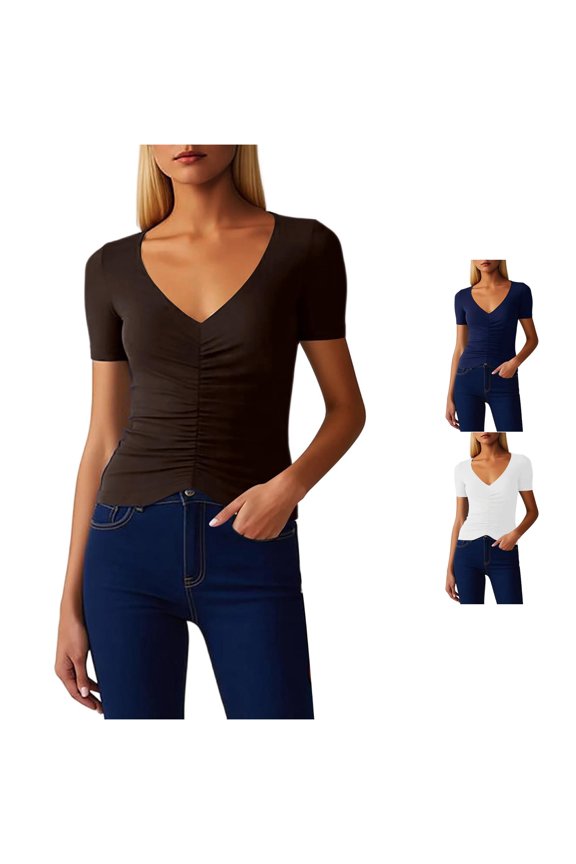 Fashion Commute Blouse Elegant Smocked Neckline Slim Fit Waist Defining Solid Color Top Workout Tops for Women