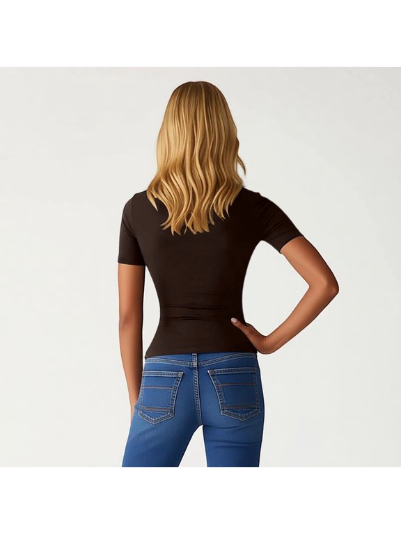 Fashion Commute Blouse Elegant Smocked Neckline Slim Fit Waist Defining Solid Color Top for Women Spring Summer Daily Casual, S, Brown