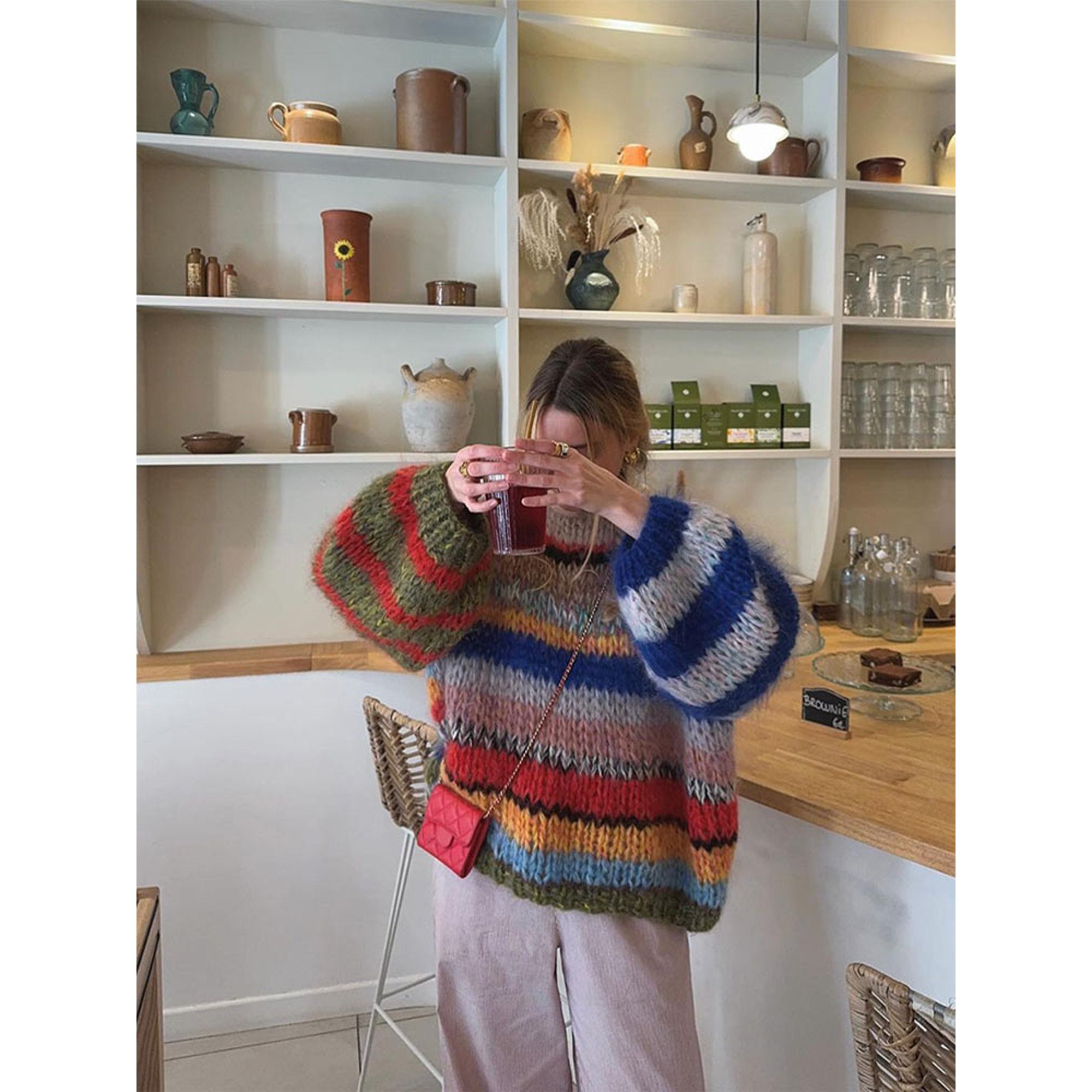 Fashion Contrasting O Neck Hollow Out Knitted Pullover Women Chic Long Sleeve Loose Sweater 2024 Autumn Lady Casual Streetwear
