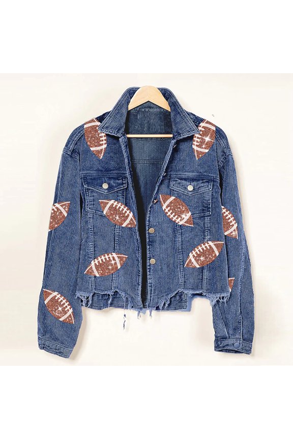 Fashion Corduroy Jacket Fashion Rugby Print Baseball Jacket Autumn And Winter Tops Clothes For Women