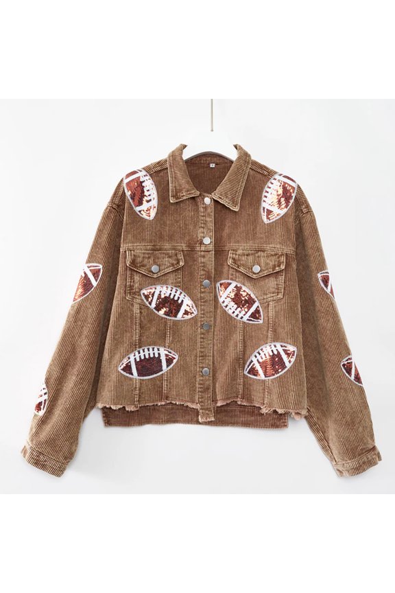 Fashion Corduroy Jacket Fashion Rugby Print Baseball Jacket Autumn And Winter Tops Clothes For Women