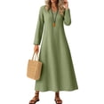 thumbnail image 1 of Fashion Cotton Lin Zipper Back Midi Dress Regular Sleeve Length V Neck Maxi Dress Women's Clothing A-Shaped Dress Sweet Slit Fitting Slim Evening Dresses Army Green L, 1 of 5