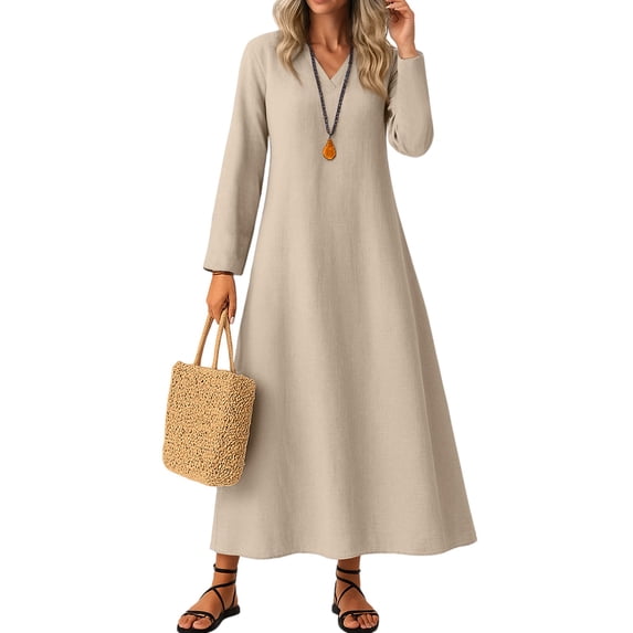 Fashion Cotton Lin Zipper Back Midi Dress Regular Sleeve Length V Neck Maxi Dress Women's Clothing A-Shaped Dress Sweet Slit Fitting Slim Evening Dresses Beige 2XL