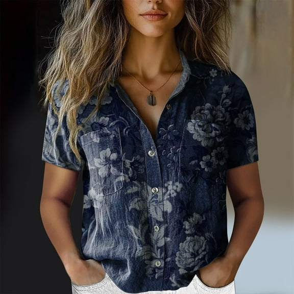 Fashion Cotton Shirt Printed Down Casual Tops Short Sleeve Blouse, Blue L, Size S-XXXXXL