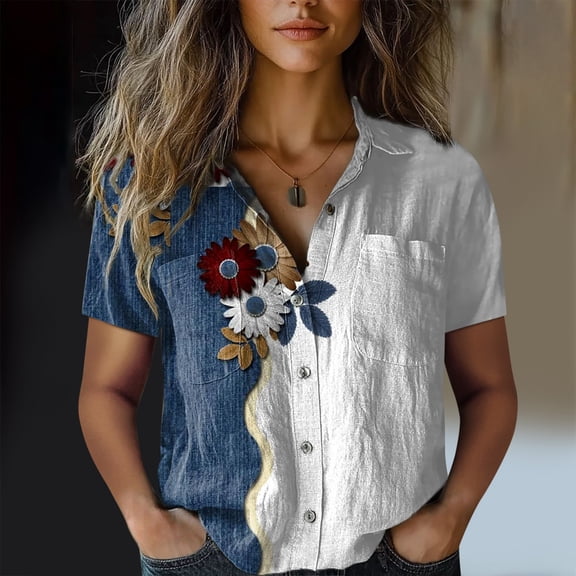 Fashion Cotton Shirt Printed Down Casual Tops Short Sleeve Blouse, White L, Size S-XXXXXL