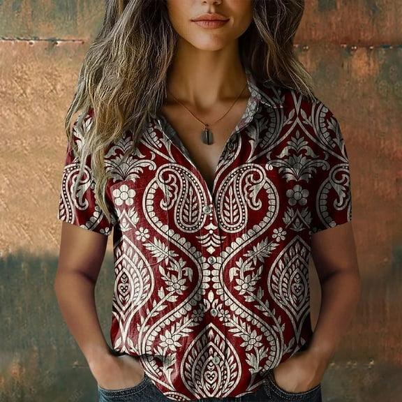 Fashion Cotton Shirts, Printed Button Down, V Neck, Short Sleeve, Casual Tops, Bubble Wrinkles, Red 5XL, Size S-XXXXXL