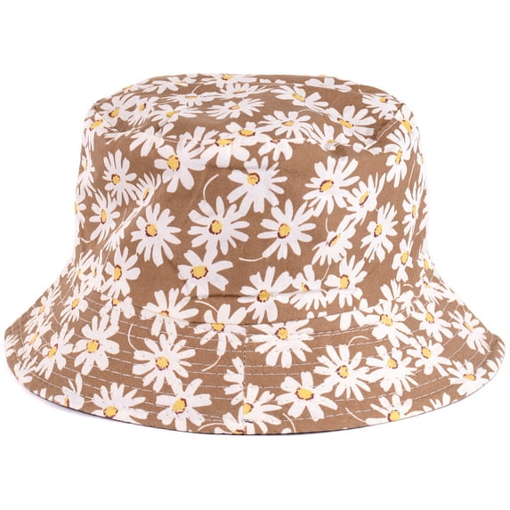 Fashion Cotton Unisex Summer Printed Bucket Hat Khaki Daisy Print