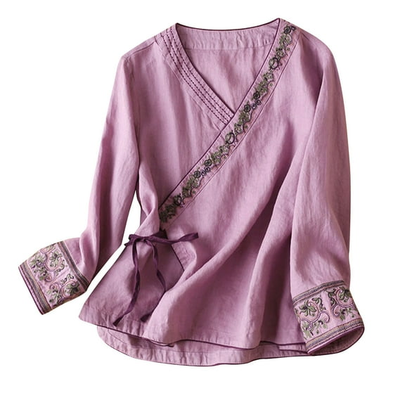 Fashion Cotton and Linen Long Sleeve Shirts for Womens Plus Size Comfortable Breathable Round--Neck Shirt Tops Gifts for Women