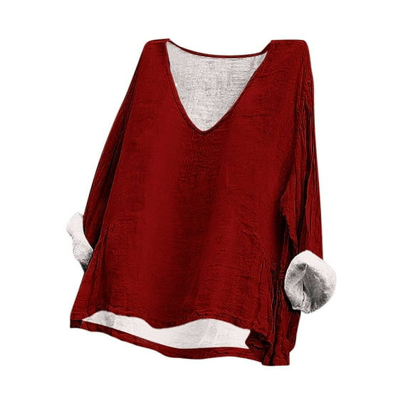Fashion Cotton and Linen Long Sleeve Shirts for Womens Plus Size Solid Color Printed V-neck d Linen Top Gifts for Women