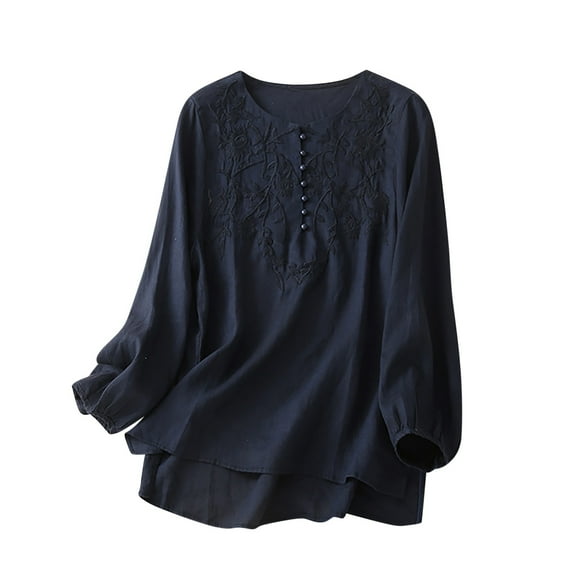 Fashion Cotton and Linen Long Sleeve Shirts for Womens Plus Size Spring V-neck Tops Loose Blouse Casual Work Tunic Tops Gifts for Women