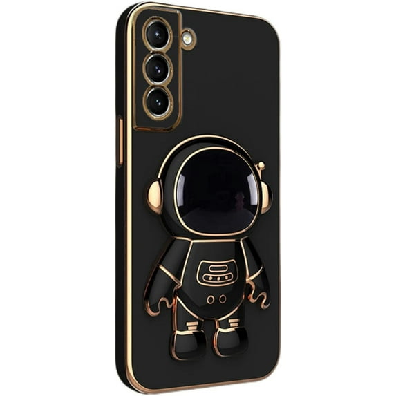 Fashion Creative Cute Astronaut Bracket TPU Phone case for Samsung Galaxy S22 S21 S20 S10 Ultra Plus FE 4G Bumper Popular Spaceman Stand Shockproof Protective Back Cover(Black,S21 Ultra)