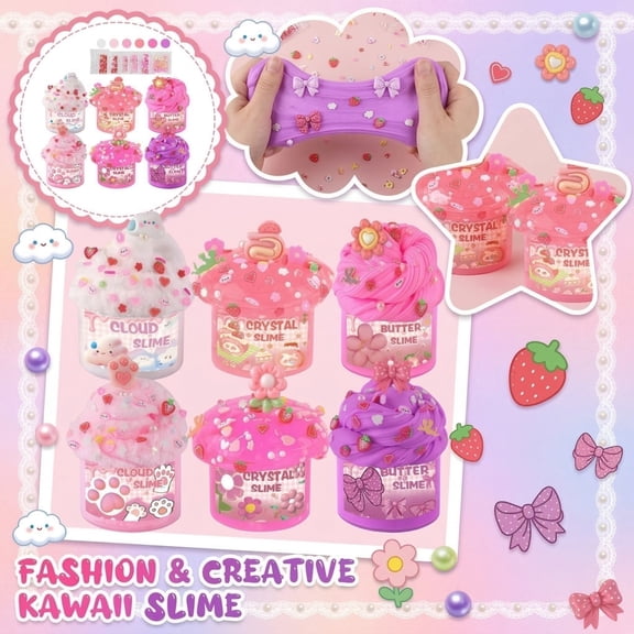 Fashion & Creative Kawaii Slime Kit with 6 Boxes of Cloud/Cry/Butter Slime & 6 Decor Packs for Kids, Teens, Party Favors, Stress Relief