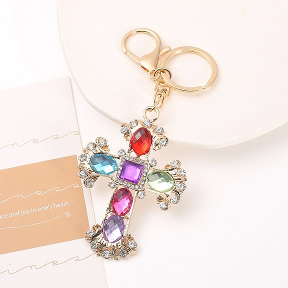Fashion Creative Rhinestone Cross Keychain Metal Car Bag Pendant