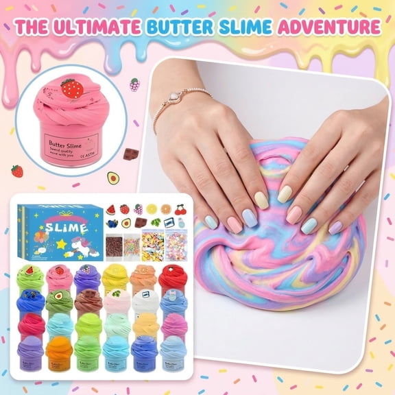 Fashion Creative Slime & Clay Set with 28 Cup Slimes, 6 Bag Clays, 10 Food Play Cups, 48 Glitters, Tools & More - Safe Non-Toxic for Kids DIY Crafts, Party Favors, Stress Relief