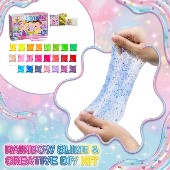Fashion Creative Slime & DIY Clay Kit with 24 Slimes, 3 Tools, Foam, Sugar Paper, Flat Beads, Luminous Powder, 24 Self - sealing Bags for Kids, Party Favors, DIY Crafts