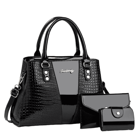 Women's Crocodile Pattern Tote Bag Set, Black, 3-Piece