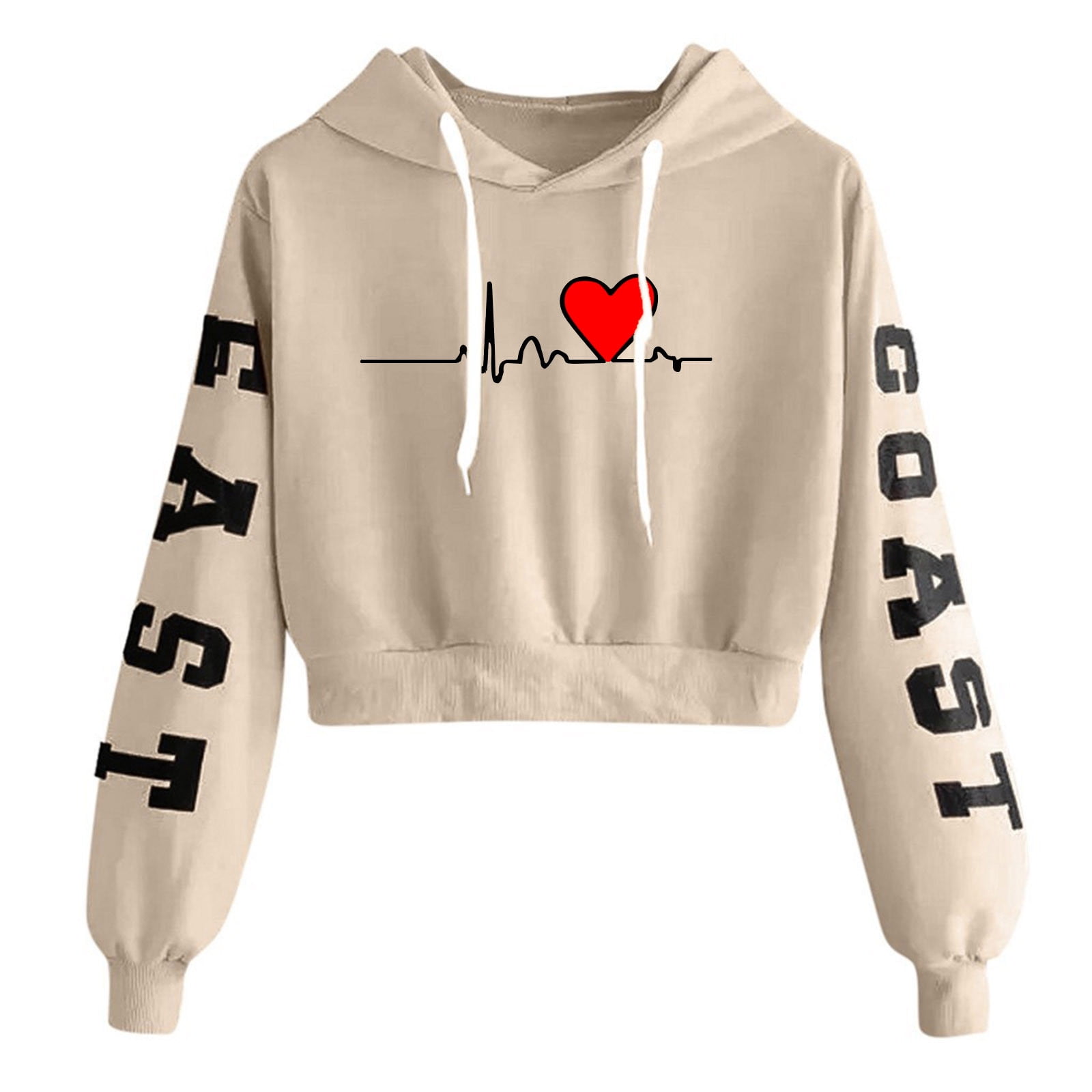 Fashion Crop Hoodies for Teen Girls Womens Letter Printed Heart Holiday Sweatshirt Long Sleeve Valentines Day Gift Small Khaki Walmart