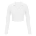 thumbnail image 1 of Fashion Crop Tops Y2k for Women Lapel V Neck Solid Color Long Sleeve Tunic Tops to Wear with Leggings Streewear Outfits(White,S), 1 of 4