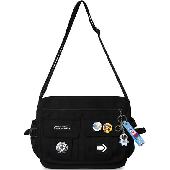 Fashion Crossbody Bag with Cute Accessories Nylon Casual Messenger Bag with Pendant Lightweight Handbag Travel Daypacks (Black)